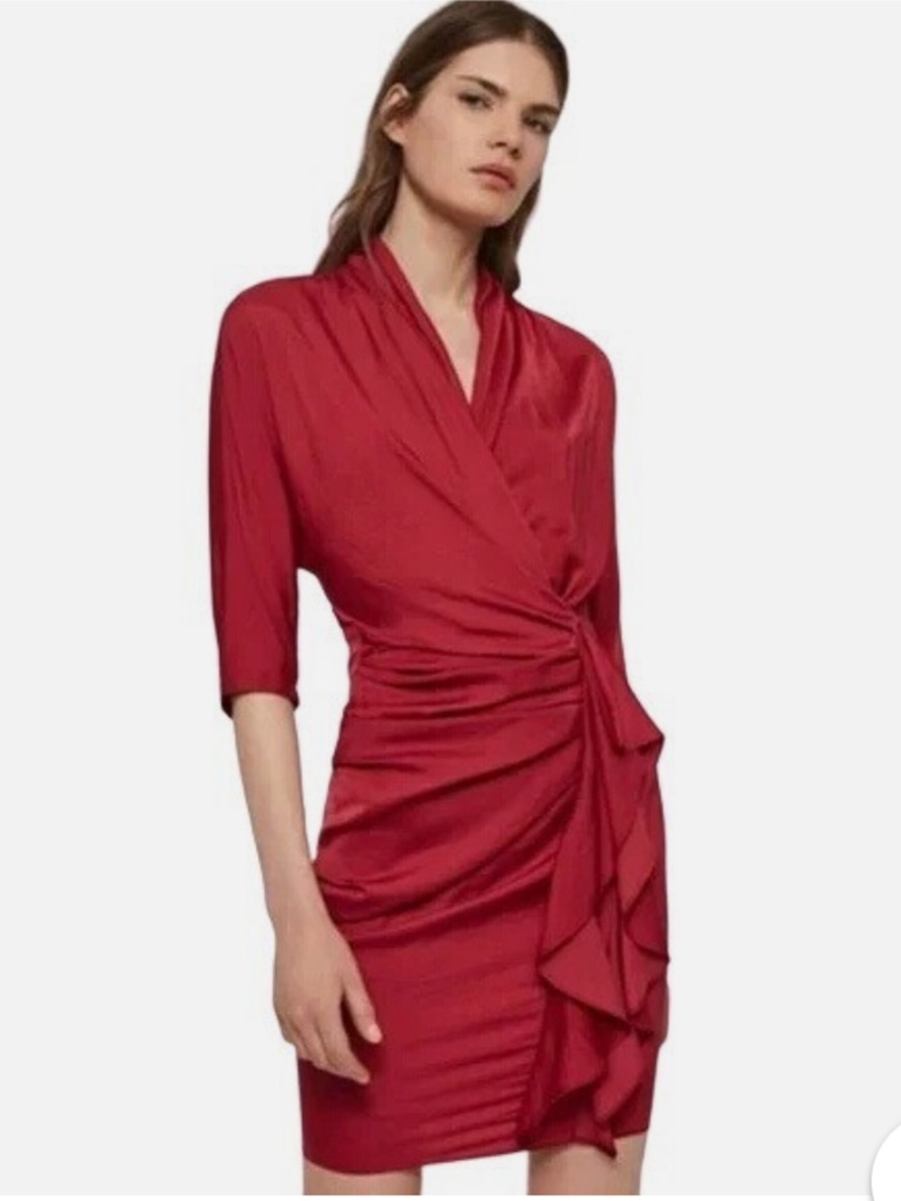 AllSaints Red Ruched Faux-Wrap Satin Mini Dress